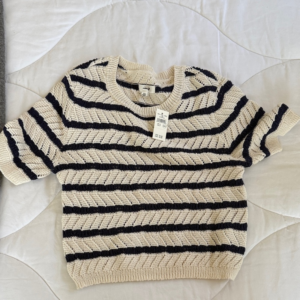 aerie Cream and Black Striped Short Sleeve Knit Sweater